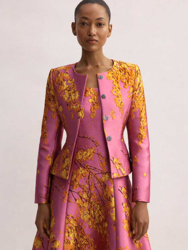 Model wearing jacquard Casciano dress and Venetia jacket